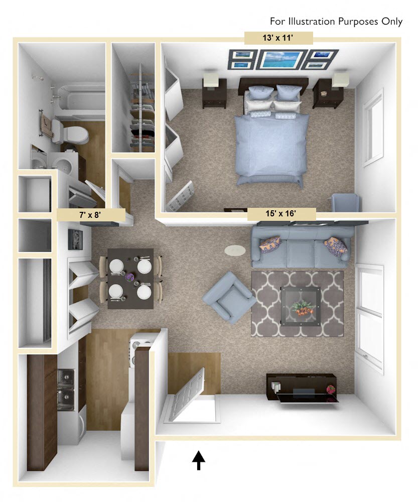 Legacy - One Bedroom One Bath Floor Plan at Huntington Place, Michigan, 48732